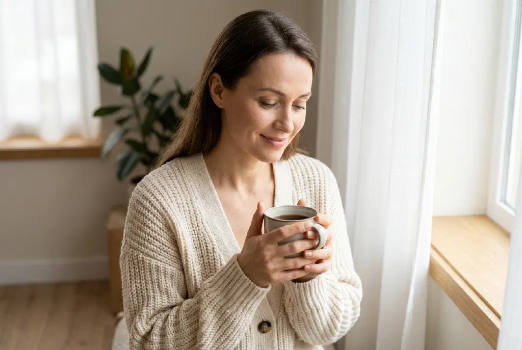 Woman smiles calmly into the mirror and starts her day with a quiet moment