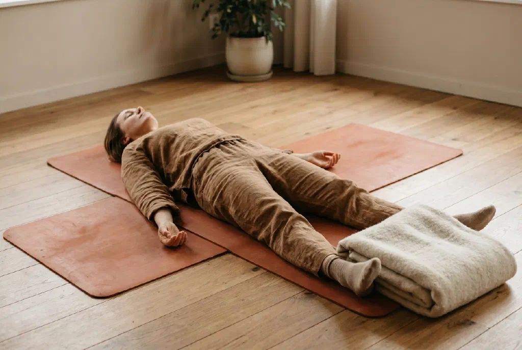 Woman lying relaxed on a mat, deliberately releasing tension in her body