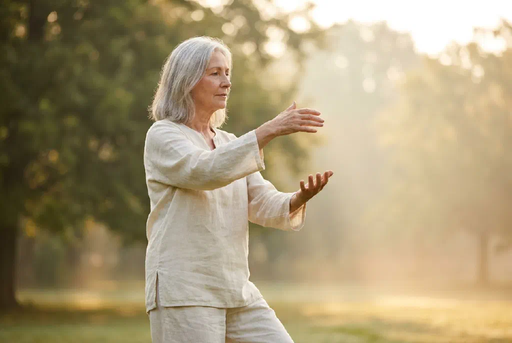 Một người tập động tác qigong chậm rãi, uyển chuyển ngoài trời với hai tay dang rộng