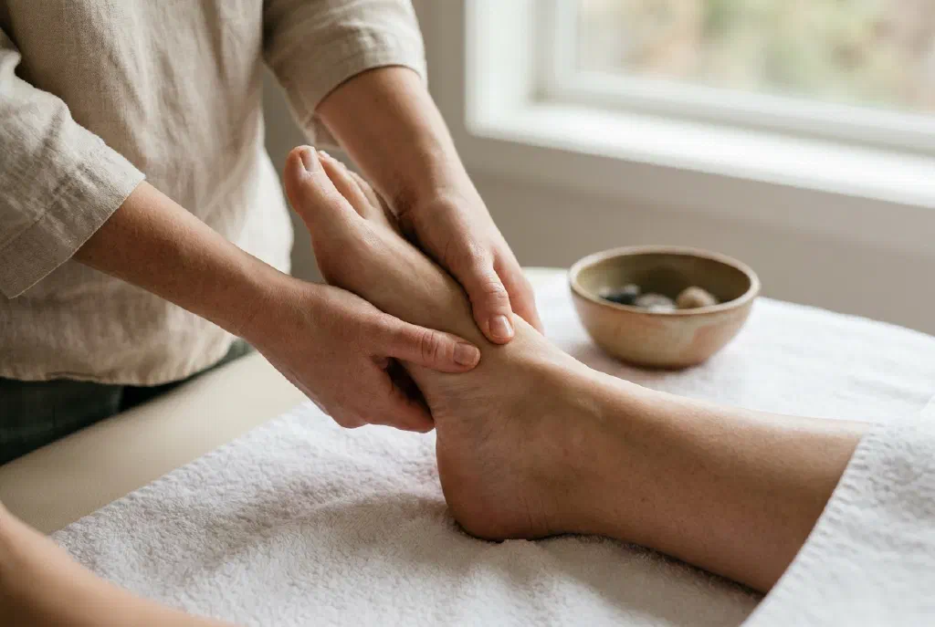 Đôi tay đang xoa bóp lòng bàn chân trong một buổi bấm huyệt