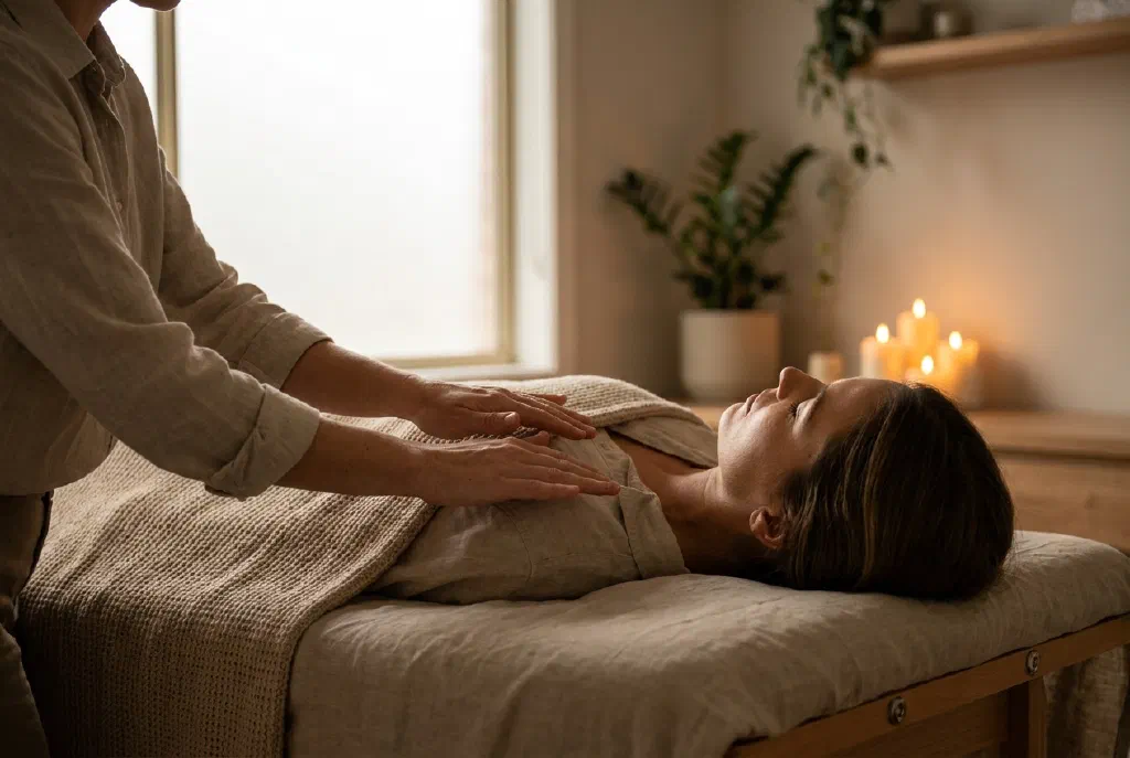 Hände werden bei einer Reiki-Anwendung sanft über eine entspannt liegende Person gehalten