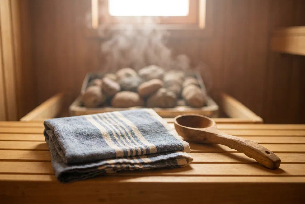 Wooden bench in a sauna with a towel, ladle and sauna heater
