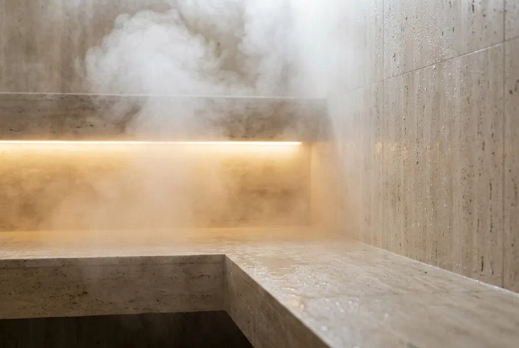 Wood-paneled sauna with a sauna ladle next to a steaming steam bath