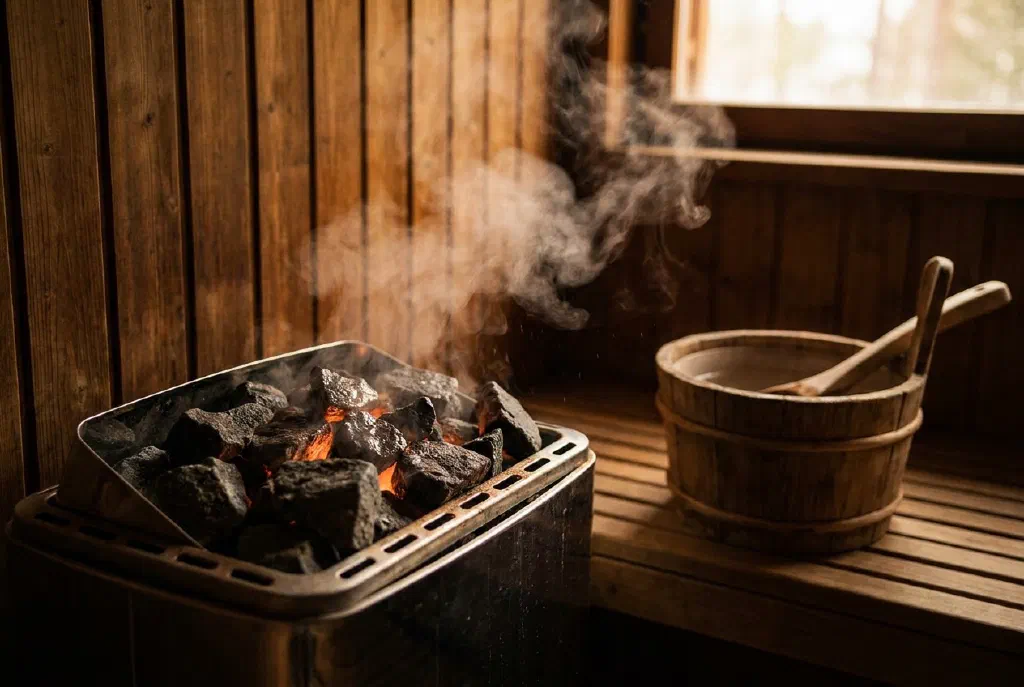 Sauna infusion with a wooden ladle and water on hot sauna stones