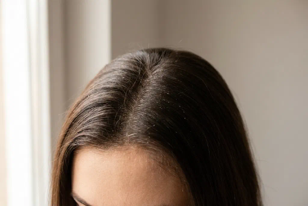 Close-up of a scalp with fine dandruff flakes along the hairline