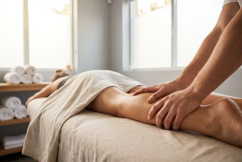 Kỹ thuật viên trị liệu cơ bắp chân của vận động viên bằng các động tác massage mạnh mẽ