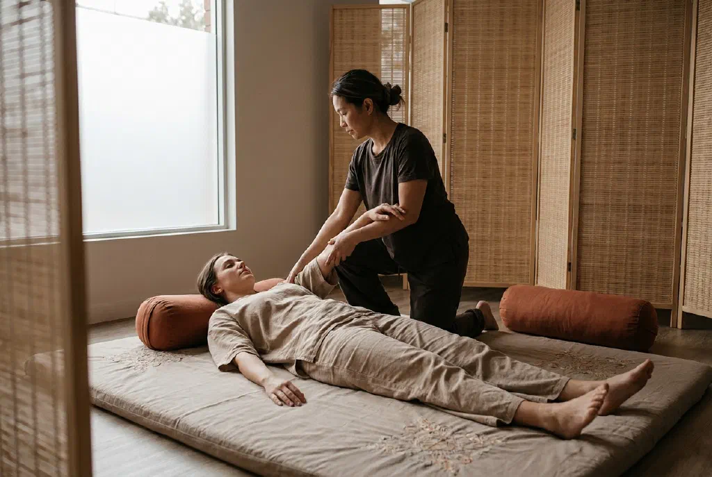 Người mặc quần áo nằm trên đệm và được kéo giãn trong một buổi massage Thái