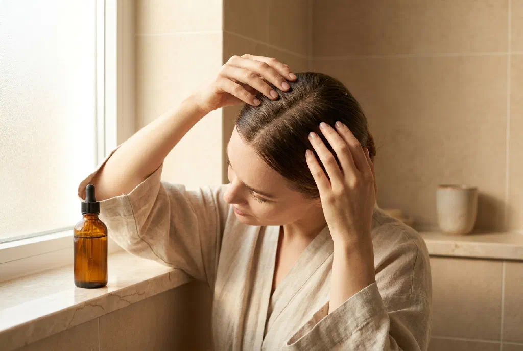 Woman massaging a nourishing oil into her dry scalp