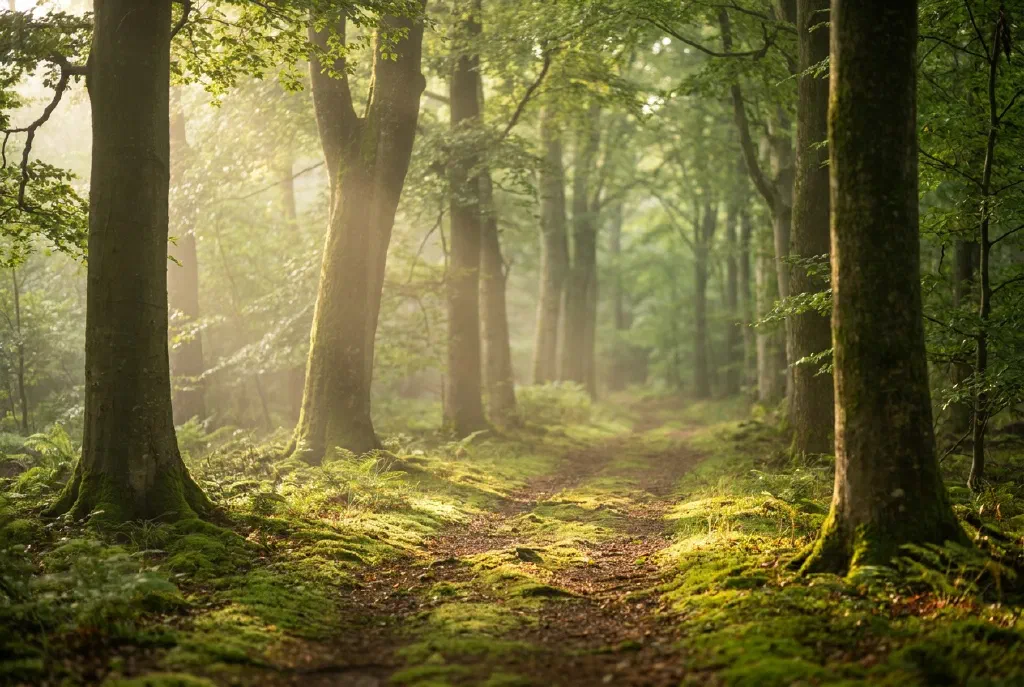 Person walking slowly and calmly through a sunlit mixed forest