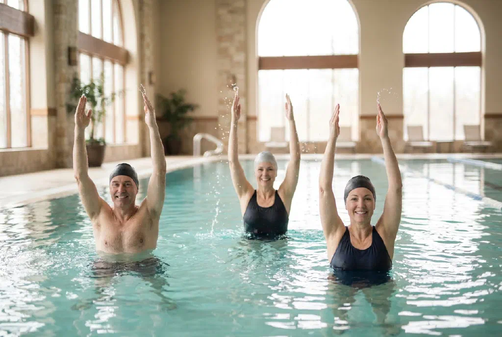 Several people doing water aerobics exercises together in chest-deep pool water