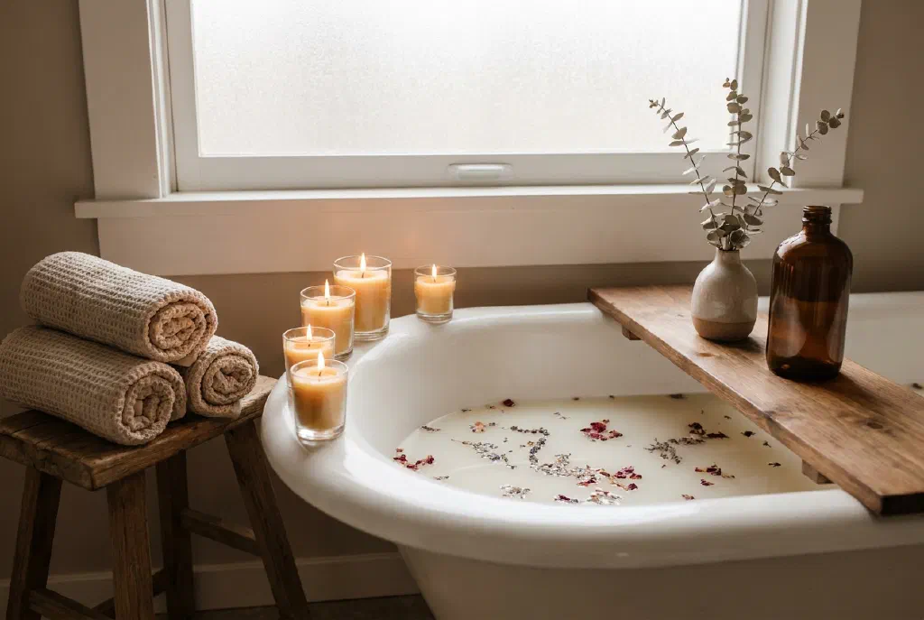 Relaxing home spa atmosphere with candles, towels and bath additives