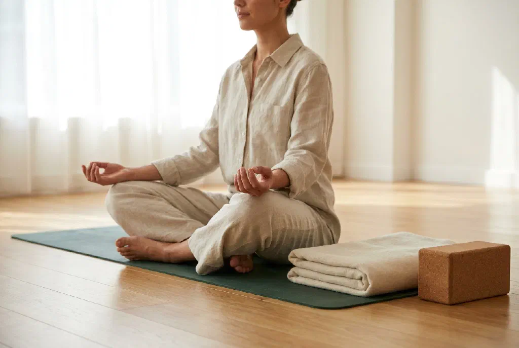 Person on a yoga mat in a calm pose in soft light