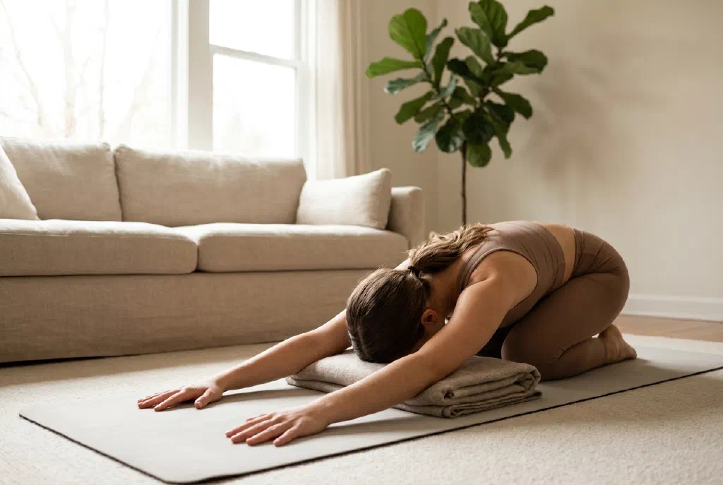 Woman calmly holding a yoga pose on a mat