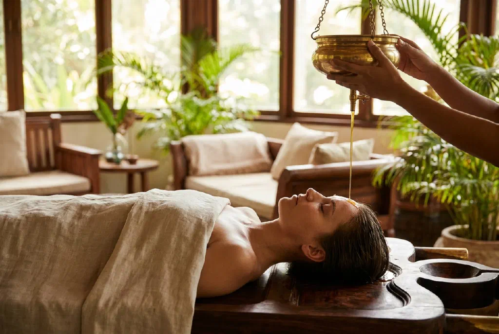 Stirnguss mit warmem Öl bei einer Ayurveda-Anwendung in einem Wellnesshotel