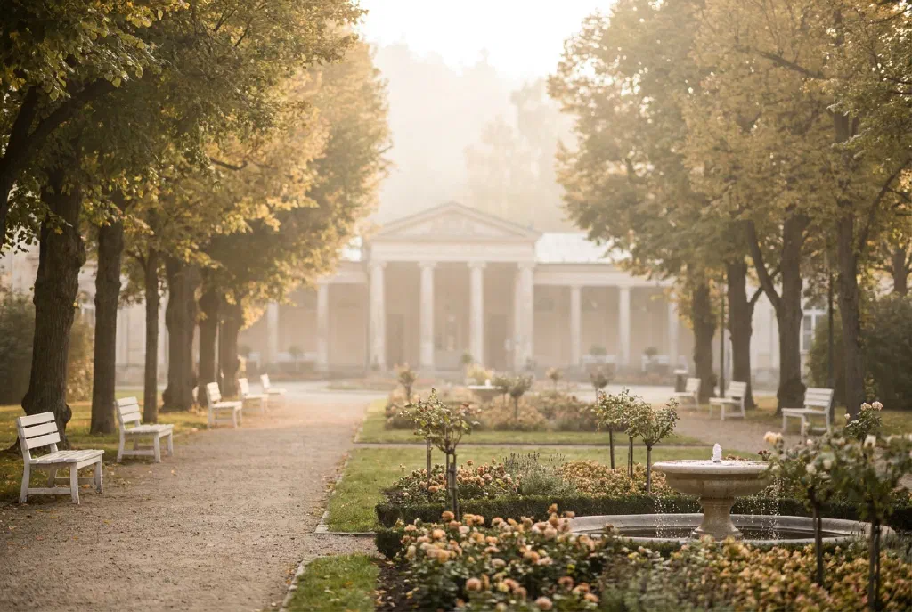 Kurpark mit Allee und Bänken vor einem traditionellen Kurhaus