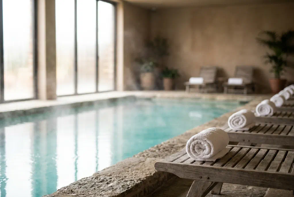 Dampfendes Thermalbecken eines Thermenhotels mit Liegen am Beckenrand