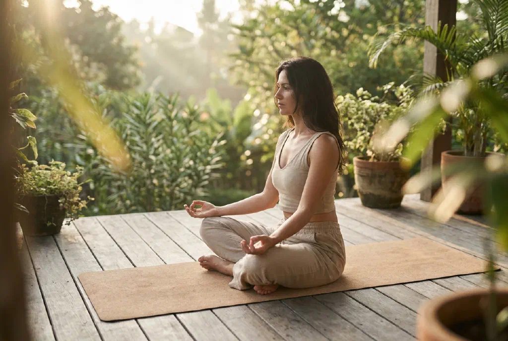 Người phụ nữ tập yoga trên thảm ở khu ngoài trời yên tĩnh của một wellness retreat