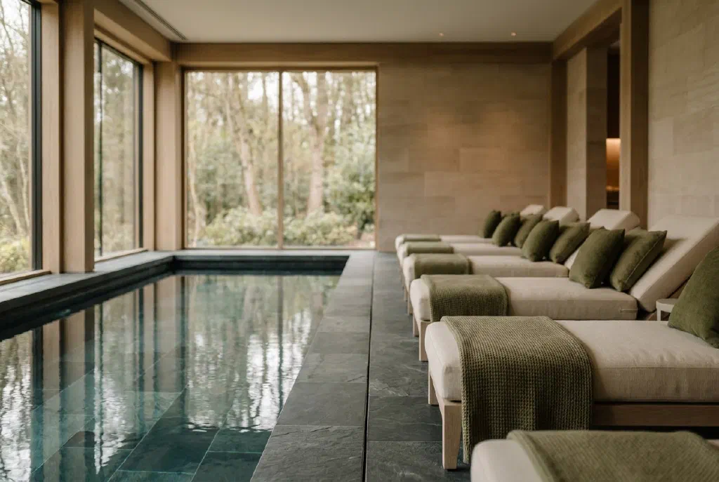 Ruhiger Spa-Bereich eines Wellnesshotels mit Pool und Liegen