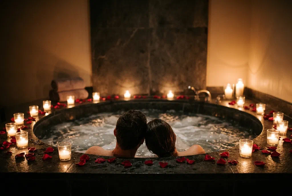 Paar entspannt gemeinsam in einem privaten Spa mit Whirlpool und Kerzenlicht