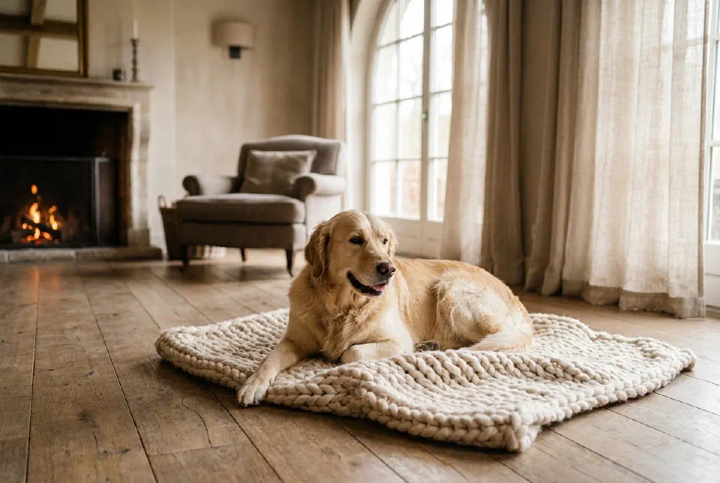 Hund liegt entspannt auf einer Decke vor einem gemütlichen Wellnesshotel