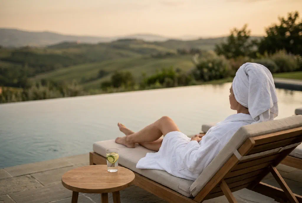 Người phụ nữ thư giãn bên hồ bơi của một khách sạn wellness với khung cảnh thiên nhiên xanh mát
